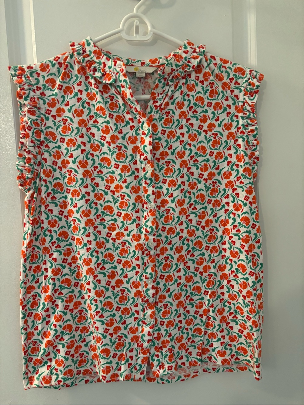 Boden Sleeveless Floral Button-Front Top in White, Orange & Green